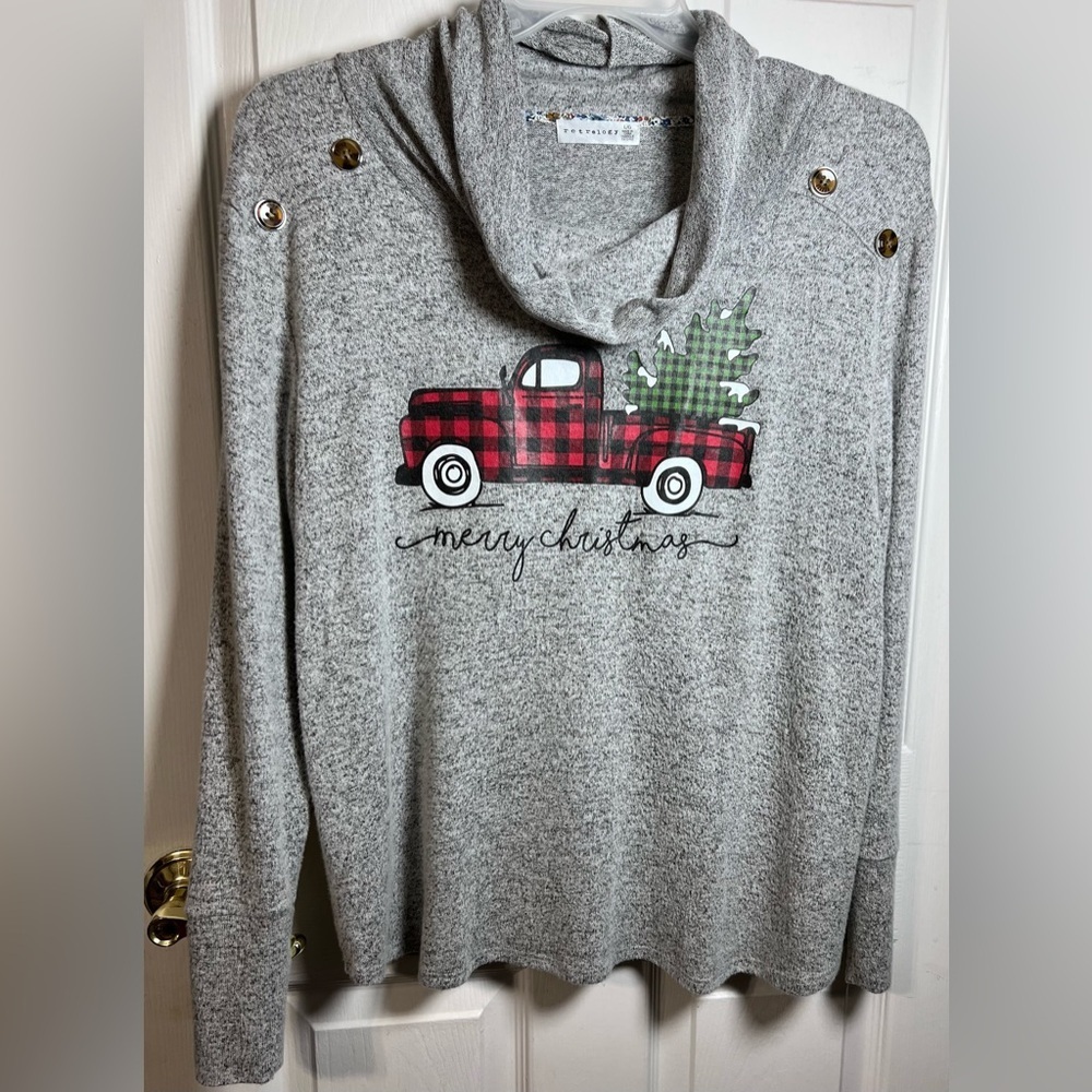 Rotrelogy Lg. Gray-Red Buffalo Plaid Truck "Merry Christmas Cowl Neck Pullover